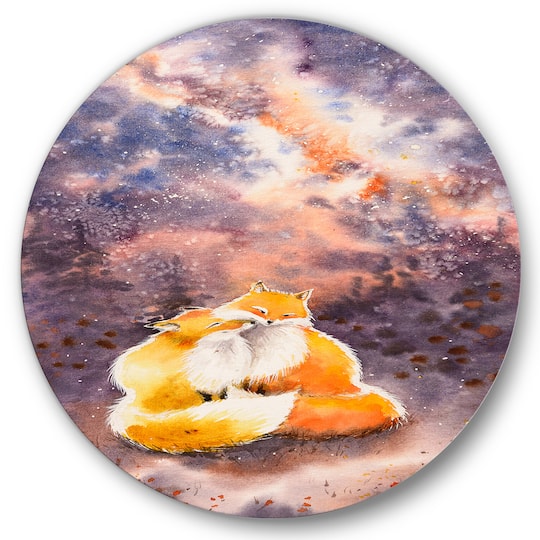 Designart - Hugging Foxes Over A Night Sky - Children's Art Metal Circle Wall Art